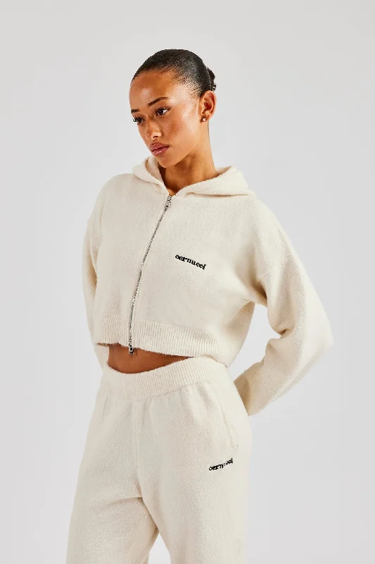 Cropped Knitted Zip Through Hoodie - Ecru Monochromatic Office Style