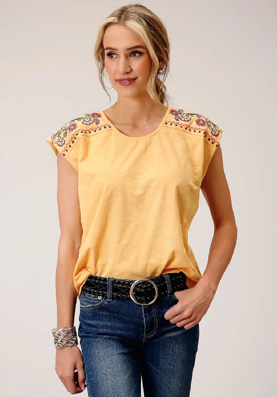 Roper Womens Slub Jersey Yellow 100% Cotton S/L T-Shirt Sporty Women's Athleisure 