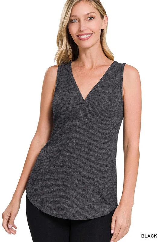 Zenana MELANGE RIBBED BUTTON CLOSURE V-NECK TOP Cozy Women's Winter
