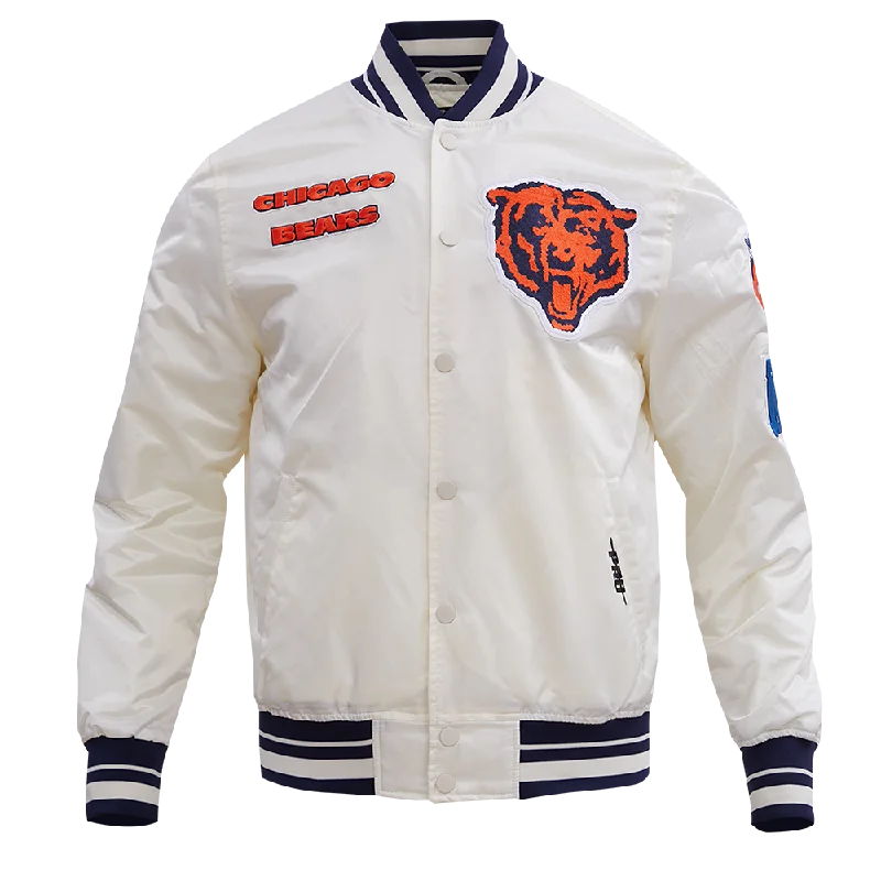 NFL CHICAGO BEARS RETRO CLASSIC MEN'S RIB SATIN JACKET (EGGSHELL/ MIDNIGHT NAVY) Minimalist Women's Casual