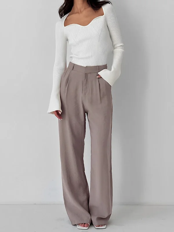 BerryBetty - Business Casual Pleat Wide Leg Dress Pants Refined Women's Classic 