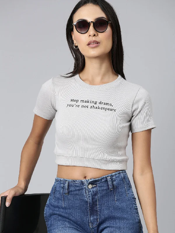 Women Grey Typographic Crop Slim Fit Tshirt Monochromatic All - in - one