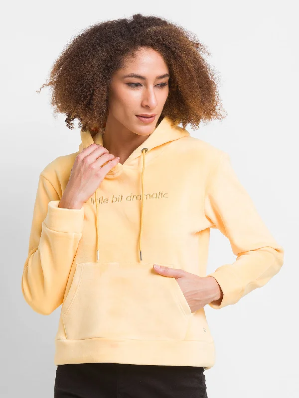 Spykar Butter Yellow Cotton Blend Full Sleeve Hooded Sweatshirts For Women Bold Women's Animal Print