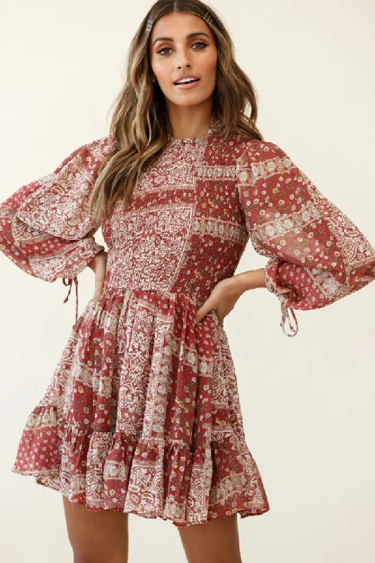 Marja Long Balloon Sleeve Shirred Dress Paisley Print Burgundy Artistic Women's Hand - painted