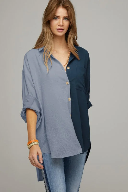 Color Block Button Down Shirt Classic Women's Tweed