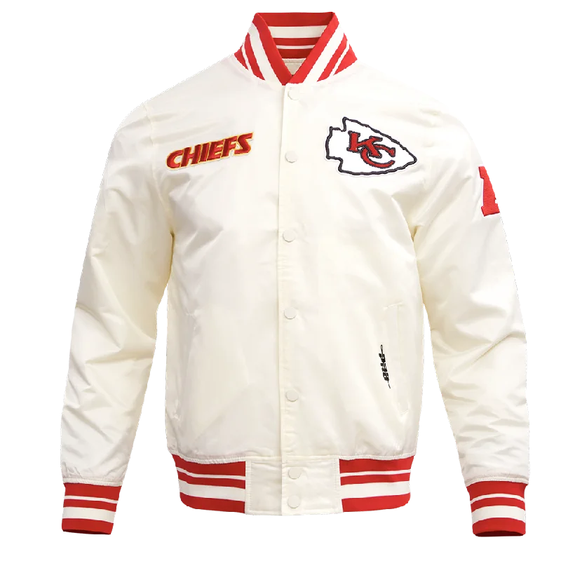 NFL KANSAS CITY CHIEFS RETRO CLASSIC MEN'S RIB SATIN JACKET (EGGSHELL/ RED) Bold Women's Animal Print