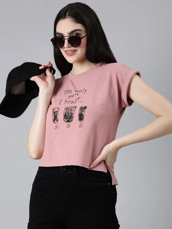 Women Peach Typographic Slim Fit Tshirt Laid - back Women's Style