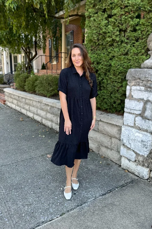 The Leo Button Up Midi Dress in Black Dapper Women's Bow - adorned