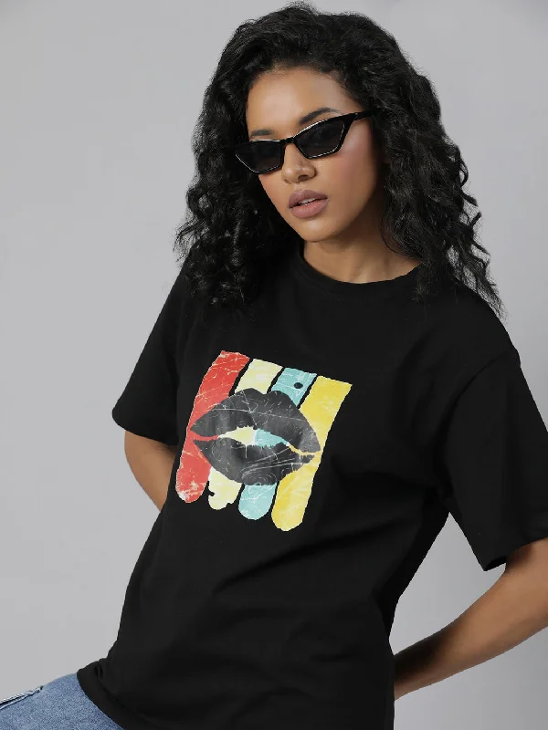 Women Black Graphic T Shirt French