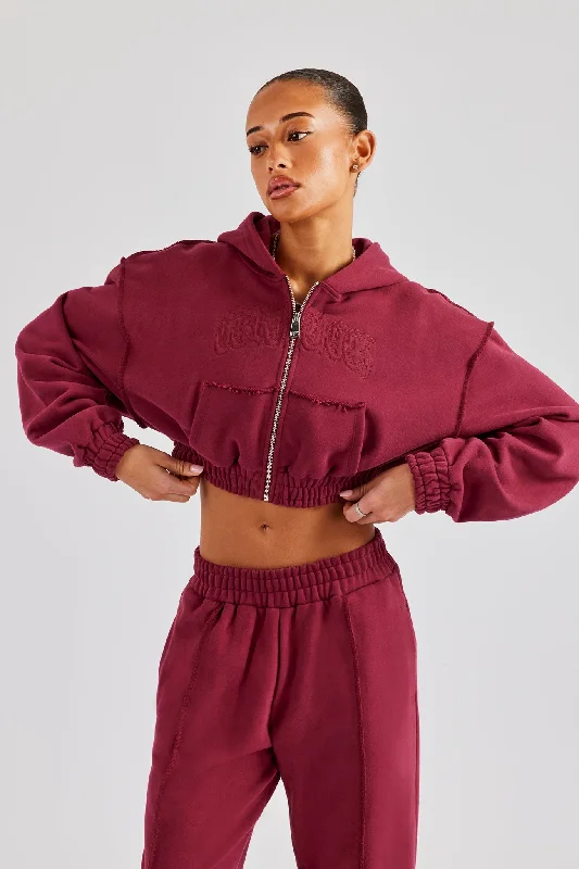 Cropped Exposed Seam  Zip Through Hoodie - Cherry Red Cool Women's Skate