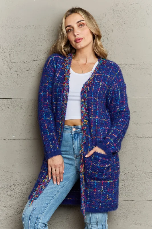 Plaid Fringe Trim Open Front Longline Cardigan Casual Women's Loose - fitting