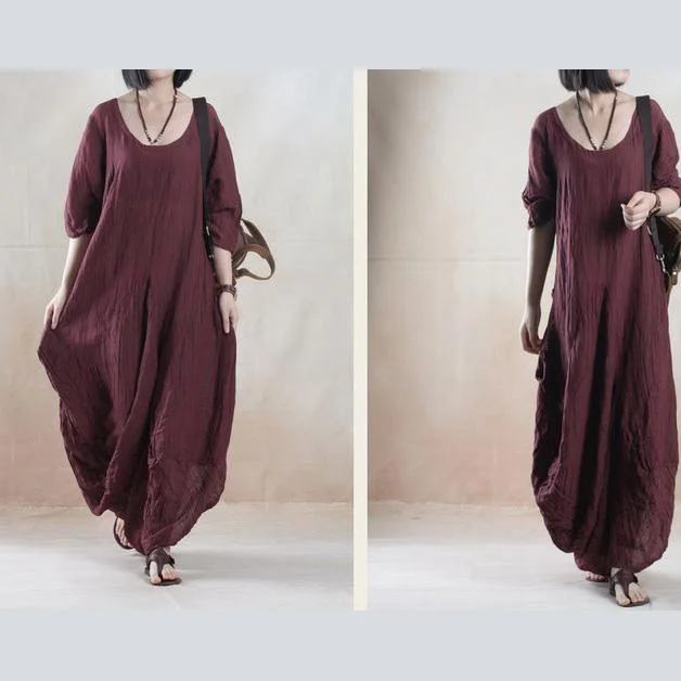 Plus size brown summer maxi dress linen sundress Practical Women's Quick - dry