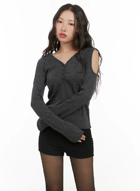 Cut-Out Shoulder Hooded Long Sleeve Top CG422 Refined Women's Hand - crafted