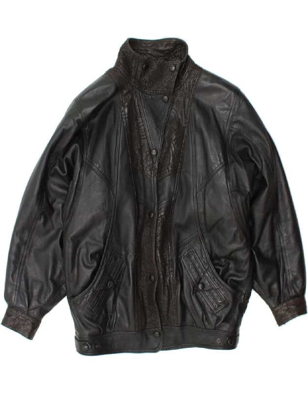 VINTAGE Womens Leather Jacket UK 14 Medium Black Floral garde