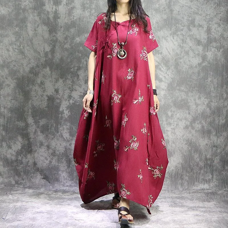 Loose O-Neck Prints Linen Robes Stylish Work Outfits Red Loose Dress Summer Polished Women's Silk Loose O-Neck Prints Linen Robes Stylish Work Outfits Red Loose Dress Summer Polished Women's Silk