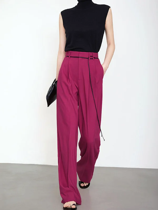 BerryBetty - Full Length String Decor Pleated Wide Leg Pants Rugged Women's Outdoor 