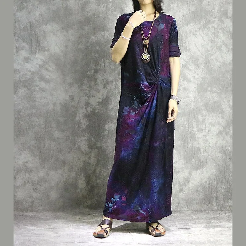 DIY o neck blended outfit Casual Shape purple prints long Dress summer Modern Women's Tech