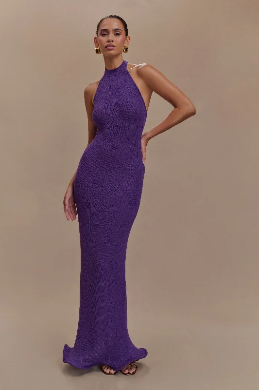 Melodie Halter Knit Maxi Dress - Purple Cozy Women's Winter