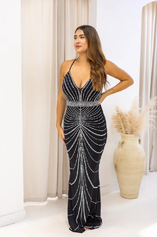 NEW BANJUL RHINSTONE BACKLESS MERMAID MAXI GOWN (BLACK) Casual Women's Loose - fitting NEW BANJUL RHINSTONE BACKLESS MERMAID MAXI GOWN (BLACK) Casual Women's Loose - fitting
