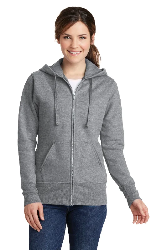 Port & Company Womens Core Pill Resistant Fleece Full Zip Hooded Sweatshirt Hoodie w/ Pockets - Heather Grey Artistic Women's Hand - painted