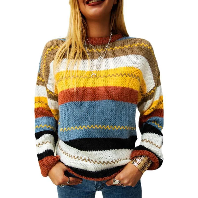 Colorful Striped Sweater Women'S Clothing Stores Round Neck Edgy Women's Punk