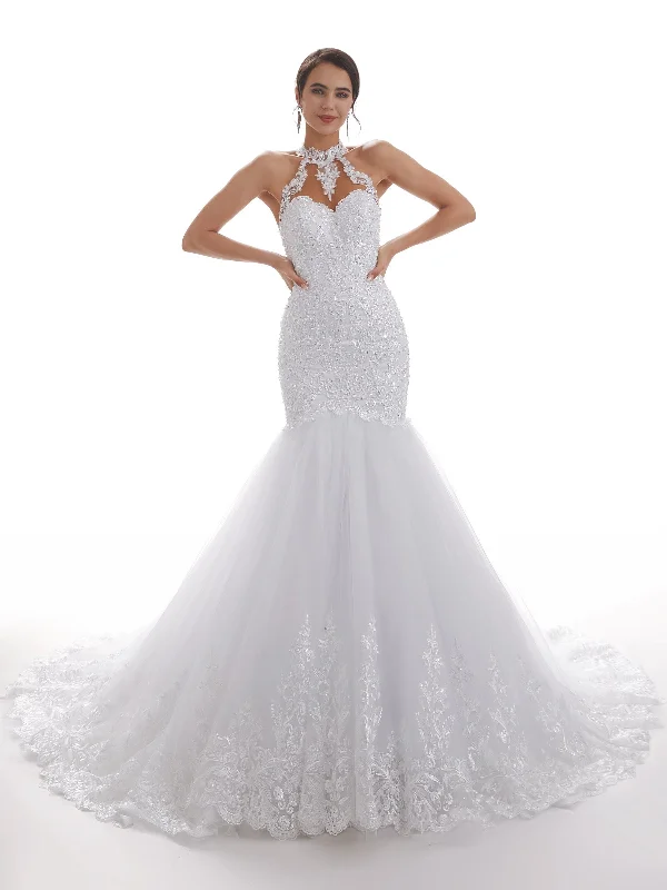 Halter Sexy Mermaid Open Back Long Lace Wedding Dresses Adventure