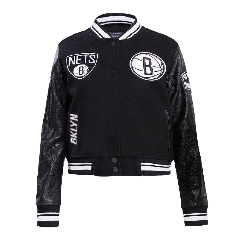 NBA BROOKLYN NETS RETRO CLASSIC WOMEN'S RIB WOOL VARSITY JACKET (BLACK) Sophisticated Women's 