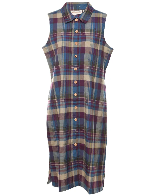 Checked Button-Front Navy & Purple Shirt Dress - XL European