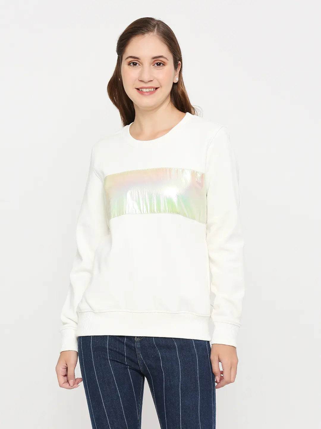 Spykar White Cotton Blend Full Sleeve Round Neck Sweatshirts For Women Practical Women's Quick - dry