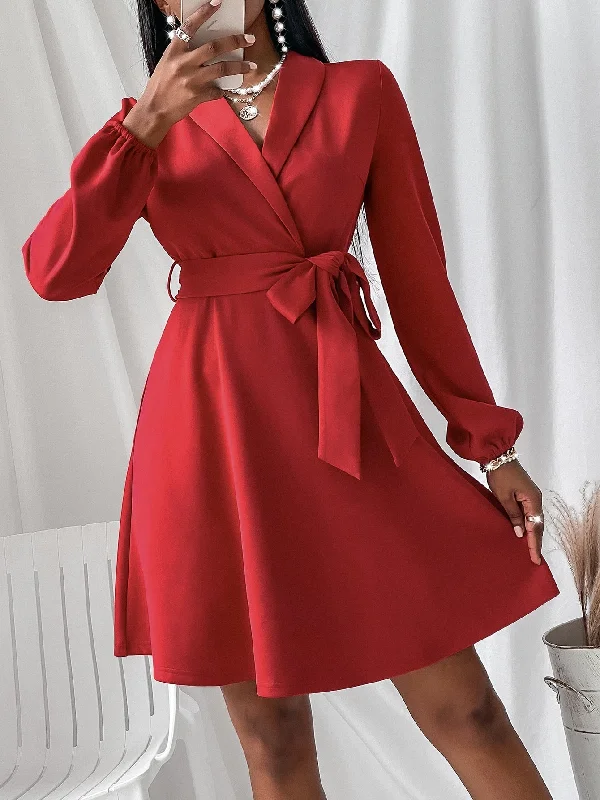 Plain Belted Long Sleeve Shawl Collar Flared High Waist Short Dress Confident Women's High - fashion