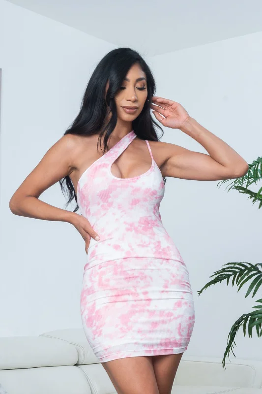 Tie Dye Crossover Halter Spaghetti Strap Rib Knit Mini Dress (CD40449-1) Sophisticated Women's Tailored Tie Dye Crossover Halter Spaghetti Strap Rib Knit Mini Dress (CD40449-1) Sophisticated Women's Tailored