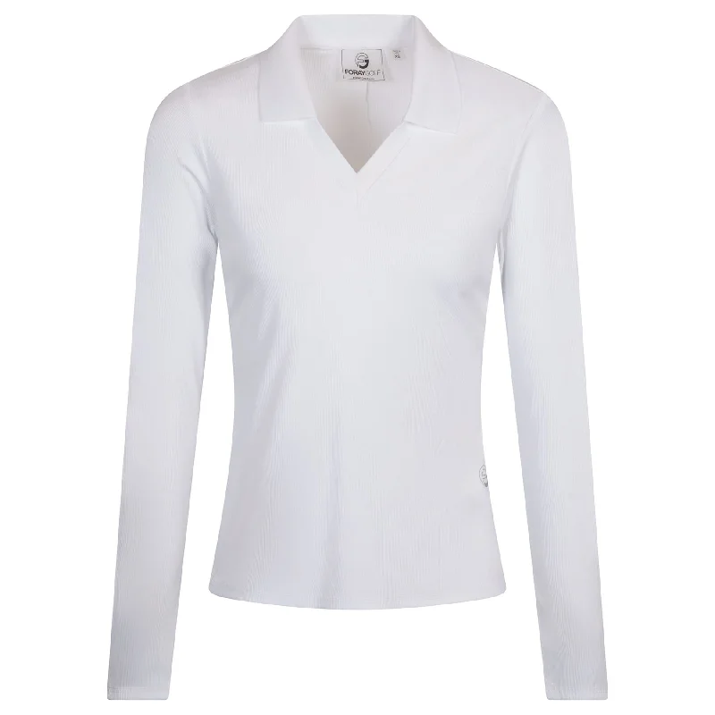 Womens LS V-Neck Rib Polo White - 2025 Feminine Women's Style 