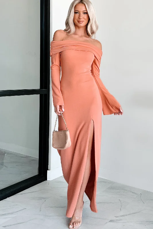 Cue The Drama Off The Shoulder Maxi Dress (Coral) Unique Women's Upcycled