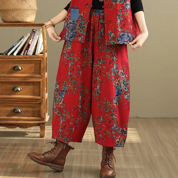 Women Winter Floral Ethnic Style Fleece-Lined Casual Pants Dynamic Women's Moto