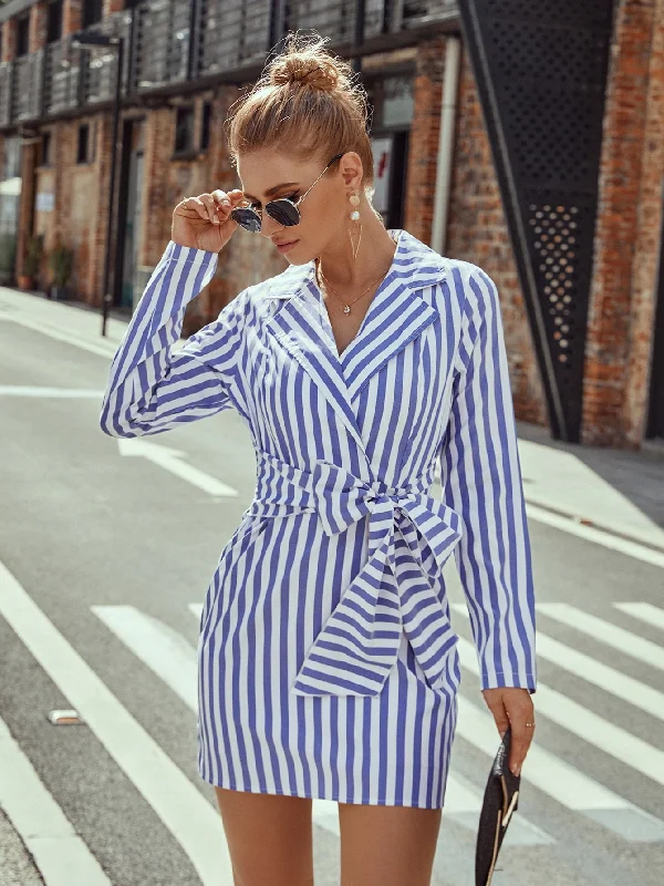 Striped Tie Front Long Sleeve Lapel Straight High Waist Short Dress Modern Women's Tech
