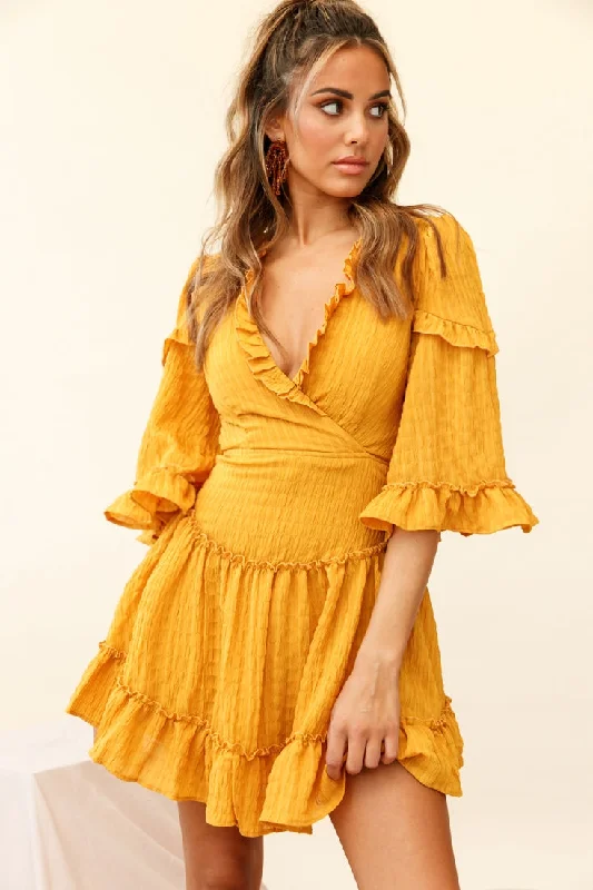 Albany Lace Up Back Frill Dress Shirred Mustard Casual Women's Loose - fitting