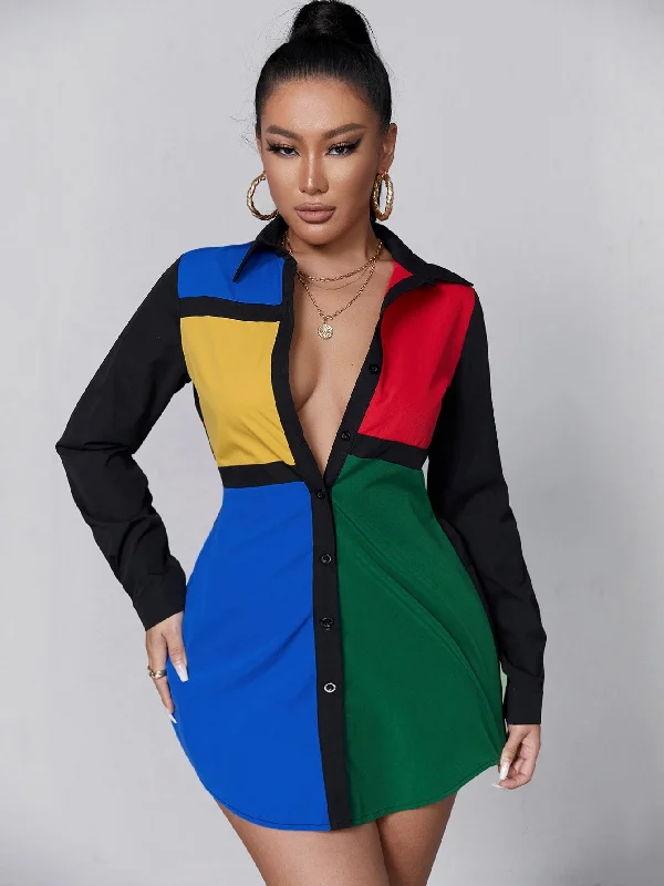Colorblock Button Front Long Sleeve Collar Long Dress Monochromatic Office Style