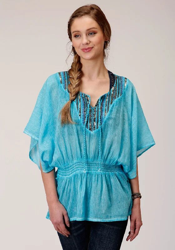 Roper Womens Turquoise 100% Cotton Peasant Top S/S Tunic Modern Women's 