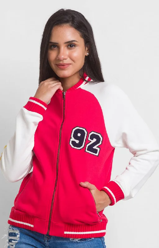 Spykar Red Cotton Blend Full Sleeve High Neck Sweatshirts For Women Hip Women's Retro