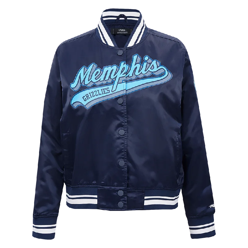 NBA MEMPHIS GRIZZLIES SCRIPT TAIL WOMEN'S SATIN JACKET (MIDNIGHT NAVY) Cool Women's Distressed