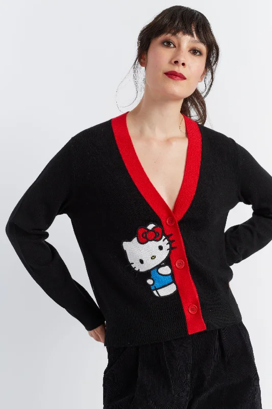 Black Wool-Cashmere Hello Kitty Cardigan Modern Women's 