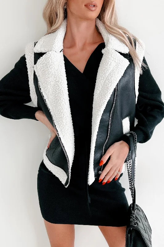 Montana Babe Sherpa Trim Faux Leather Vest (Black) Modern Women's 