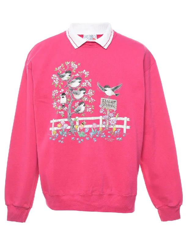 Pink Printed 1990s Bird Design Sweatshirt - L Feminine Women's Style 