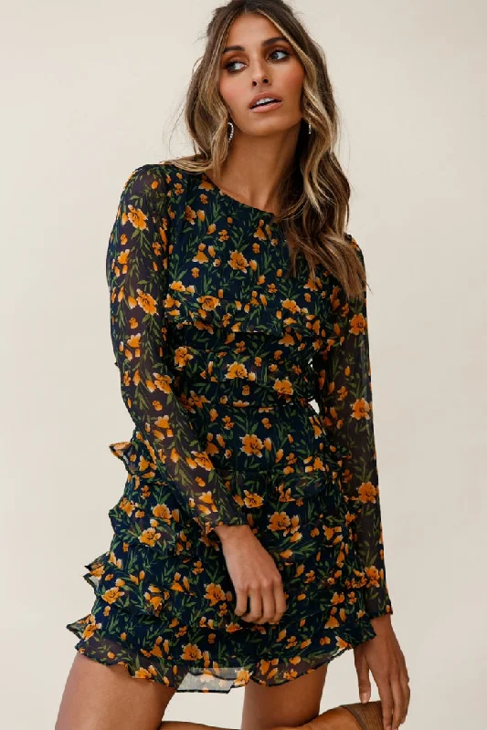 Charmaine Long Sleeve Tiered Frill Dress Floral Print Navy Sporty Women's Athleisure 