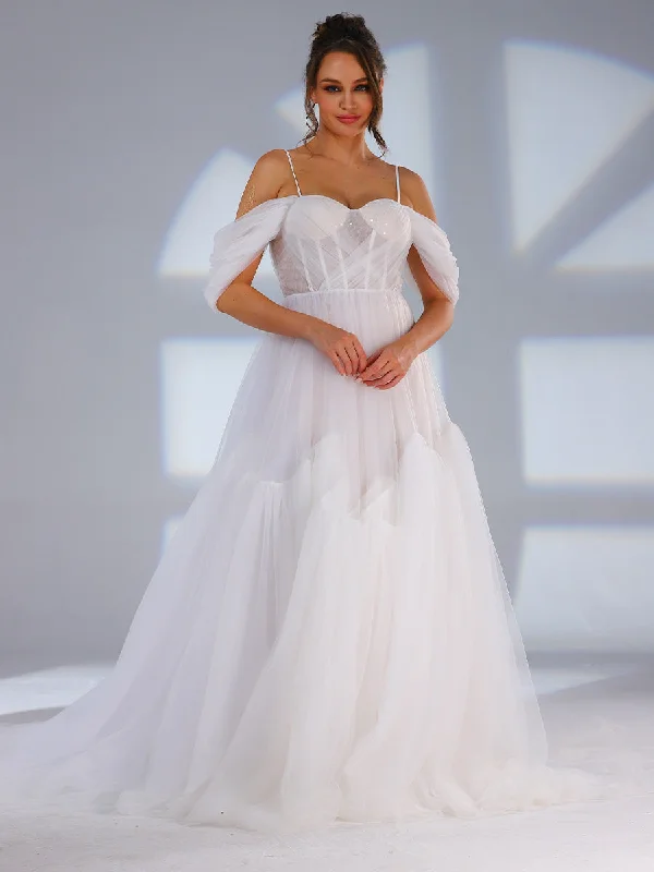 Tiered Tulle Wedding Dress A line Off The Shoulder Light Up Hip Women's Urban