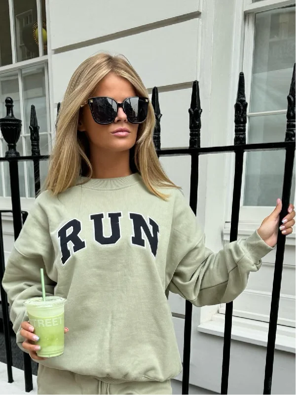 Run Appliqué 100% Cotton Sweatshirt Sage Green Edgy Women's Punk