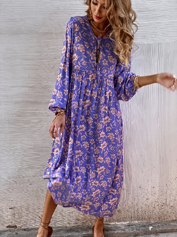 All Over Print Long Sleeve Tie Neck Flared High Waist Long Dress British Gentlewoman Style