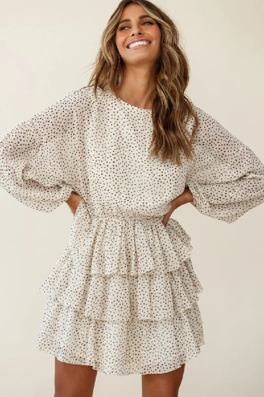 Odessa Long Sleeve Layered Ruffle Dress Speckle Print Beige Sustainable Organic