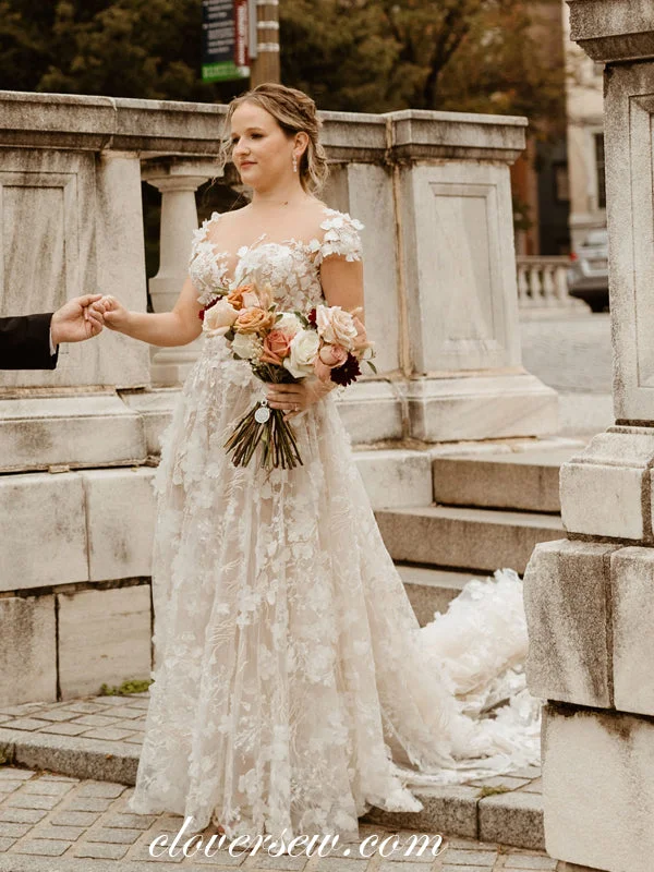 Ivory 3D Lace Cap Sleeves A-line Illusion Back Vintage Wedding Dresses, CW0361 Contemporary Ivory 3D Lace Cap Sleeves A-line Illusion Back Vintage Wedding Dresses, CW0361 Contemporary