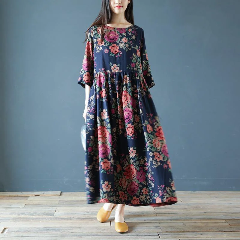 O Neck Cotton Linen Robes Work Outfits Navy Prints Dress purpose